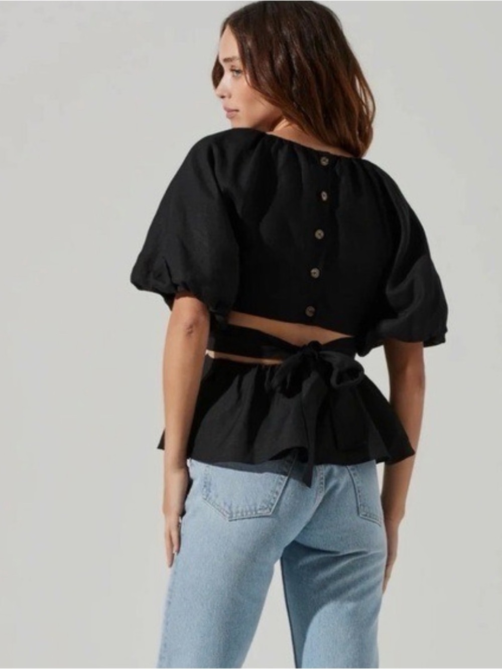 ASTR Black Puff Sleeve Cinched-Waist linen Top